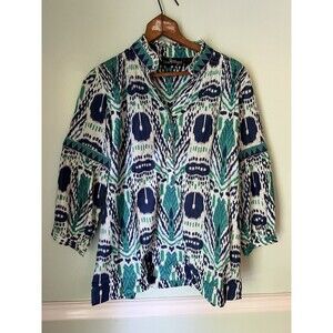 Liza‎ Byrd Womens M Turquoise Navy Blue Print Long Sleeve boho tunic top Ikat